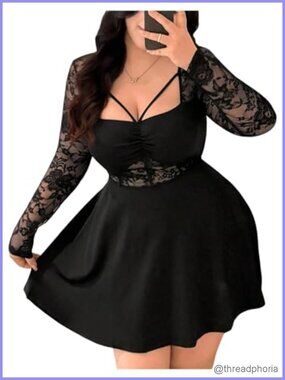 Plus Size Lace Mini Dress Ruched Bust Long Sleeve Club Party